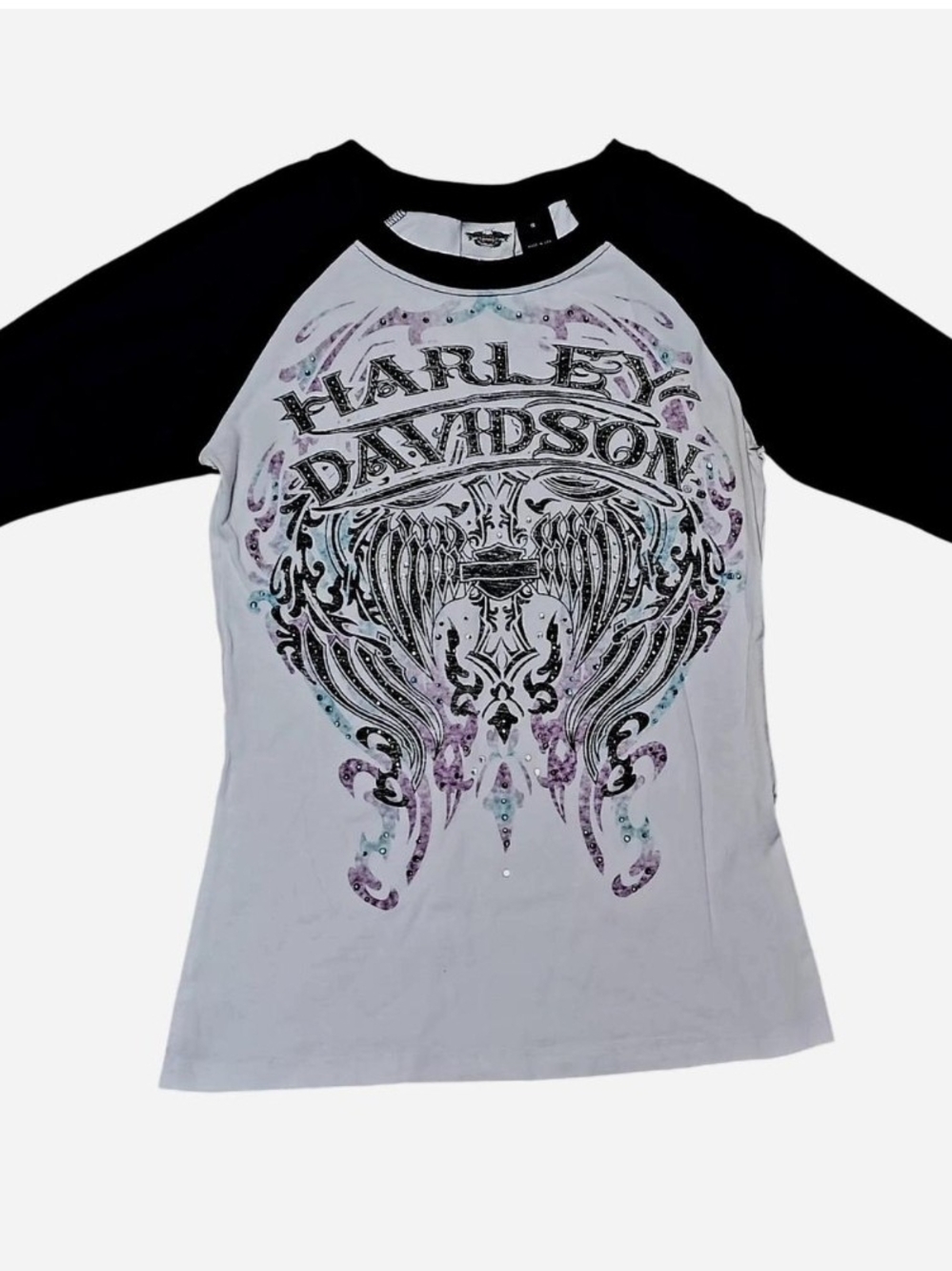 Harley-Davidson White Tee with Black Raglan Sleeves and Pastel Graphic